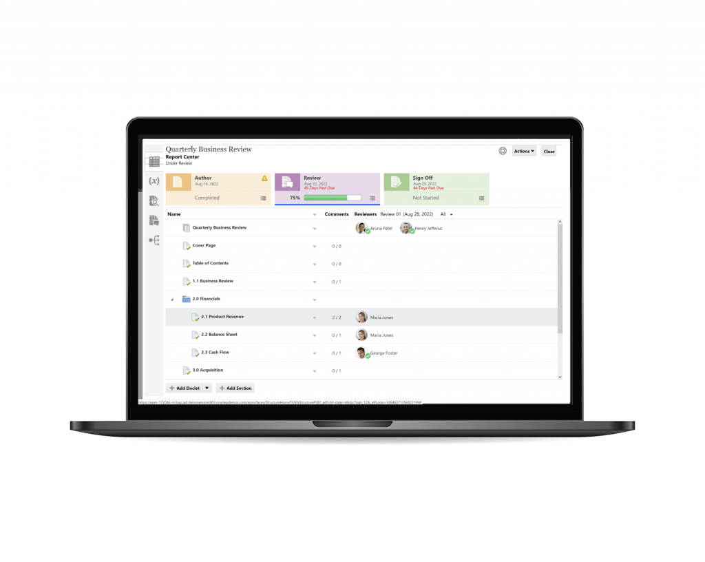 Dashboard highlighting Oracle Narrative Reporting